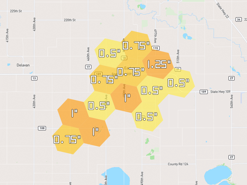 Hail map of Easton, MN on Jul 1, 2026, hail up to 1.25"