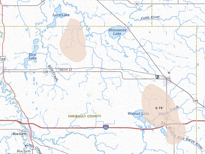 Radar-estimated hail-size map of the storm over Easton, MN on Jul 4, 2026