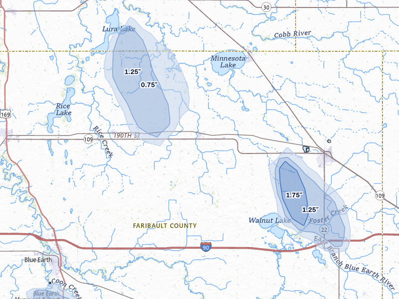 NEXRAD radar-signature map of the hail over Easton, MN