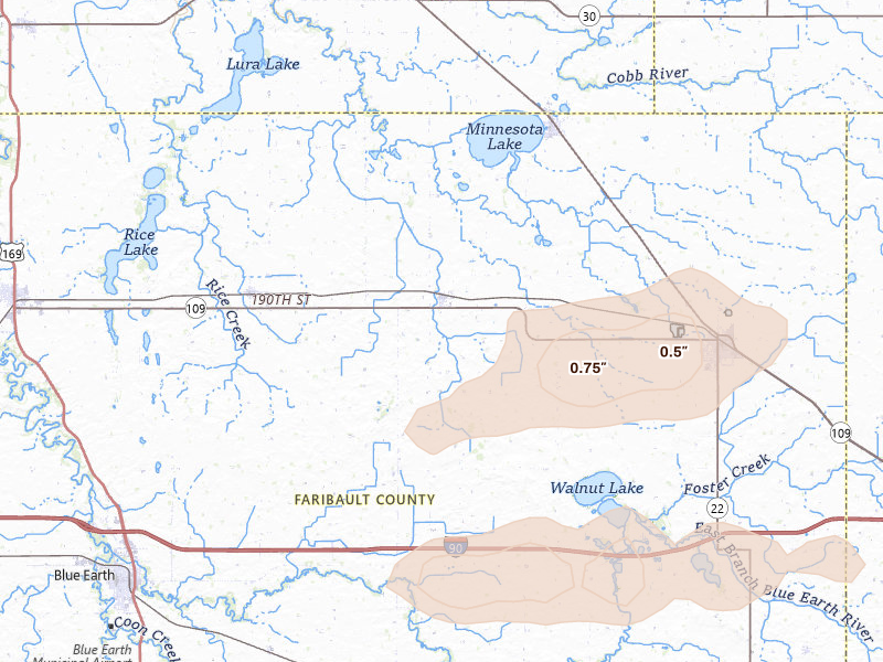 Radar-estimated hail-size map of the storm over Easton, MN on Jul 8, 2026