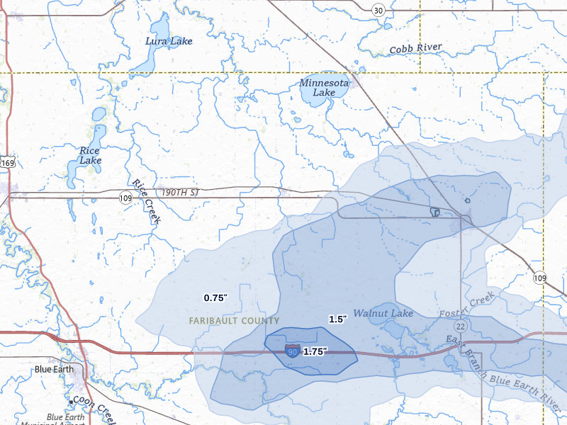 NEXRAD radar-signature map of the hail storm over Easton, MN on Jul 8, 2026