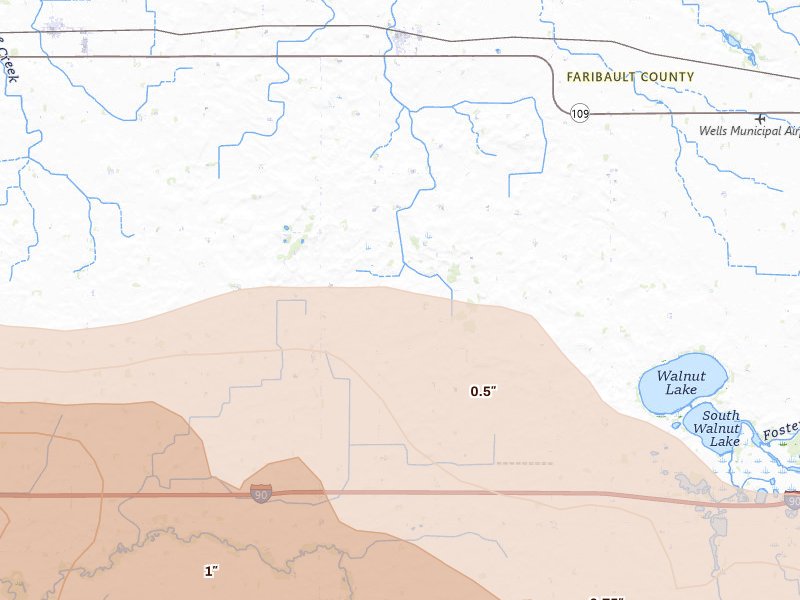 Radar-estimated hail-size map of the storm over Easton, MN on Aug 7, 2026