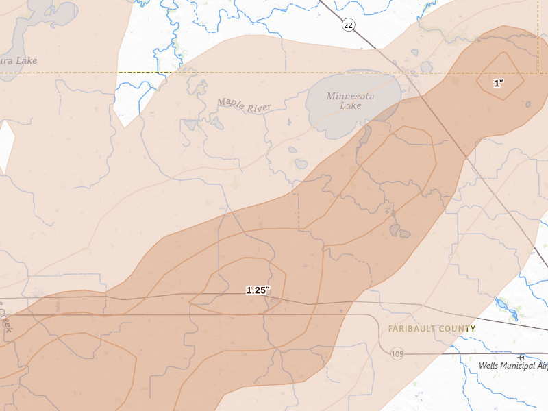 Radar-estimated hail-size map of the storm over Easton, MN on Sep 1, 2026