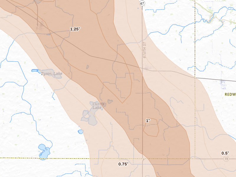 Radar-estimated hail-size map of the storm over Echo, MN on Aug 20, 2026