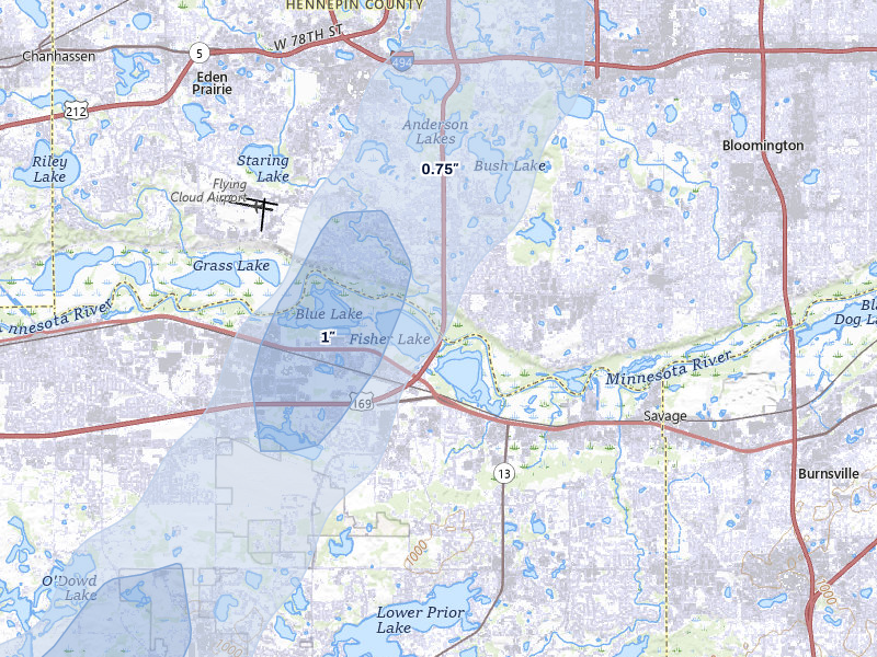 NEXRAD radar-signature map of the hail over Eden Prairie, MN