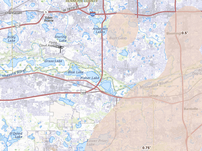 Radar-estimated hail-size map of the storm over Eden Prairie, MN on Jun 9, 2026