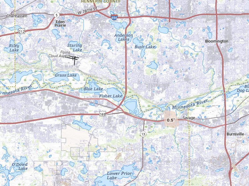 Radar-estimated hail-size map of the storm over Eden Prairie, MN on Jul 25, 2026