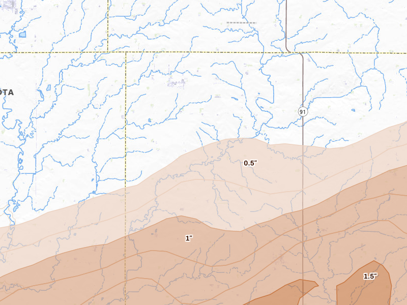 Radar-estimated hail-size map of the storm over Edgerton, MN on May 17, 2026