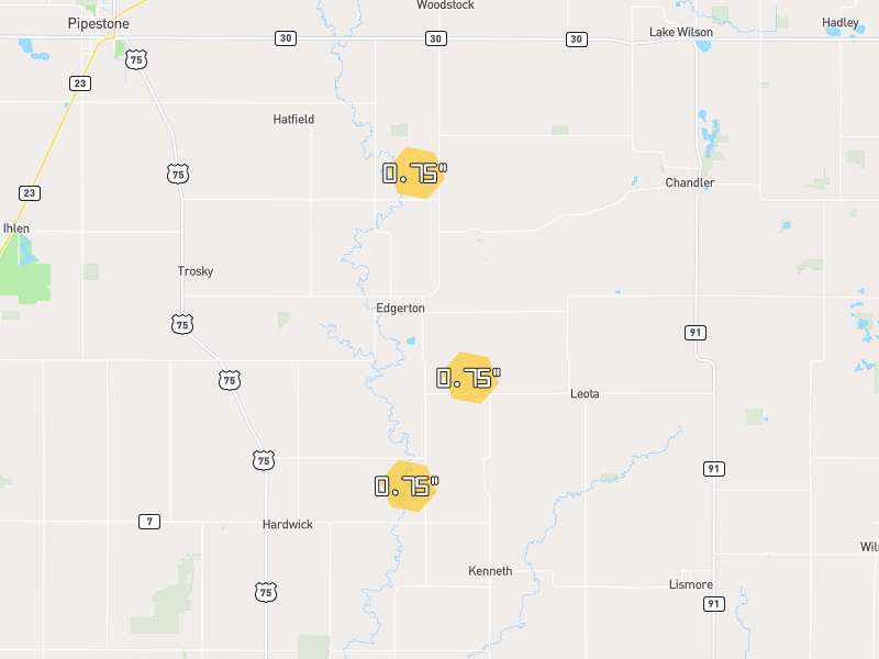 Hail map of Edgerton, MN on Jun 30, 2026, hail up to 0.75"