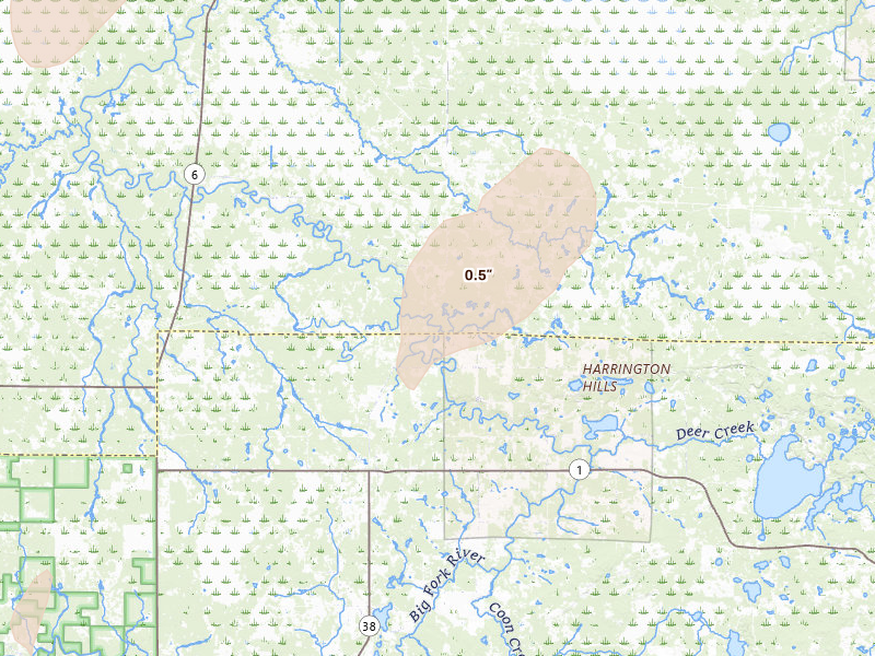 Radar-estimated hail-size map of the storm over Effie, MN on Jun 10, 2026