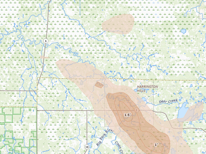 Radar-estimated hail-size map of the storm over Effie, MN on Jul 26, 2026