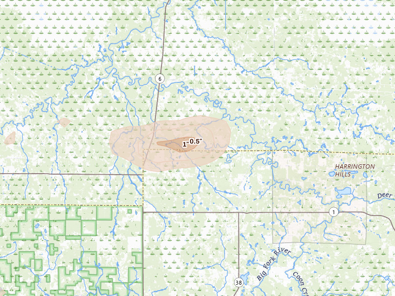 Radar-estimated hail-size map of the storm over Effie, MN on Aug 25, 2026