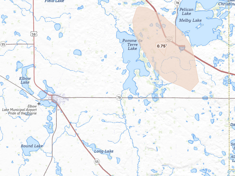 Radar-estimated hail-size map of the storm over Elbow Lake, MN on Jun 7, 2026