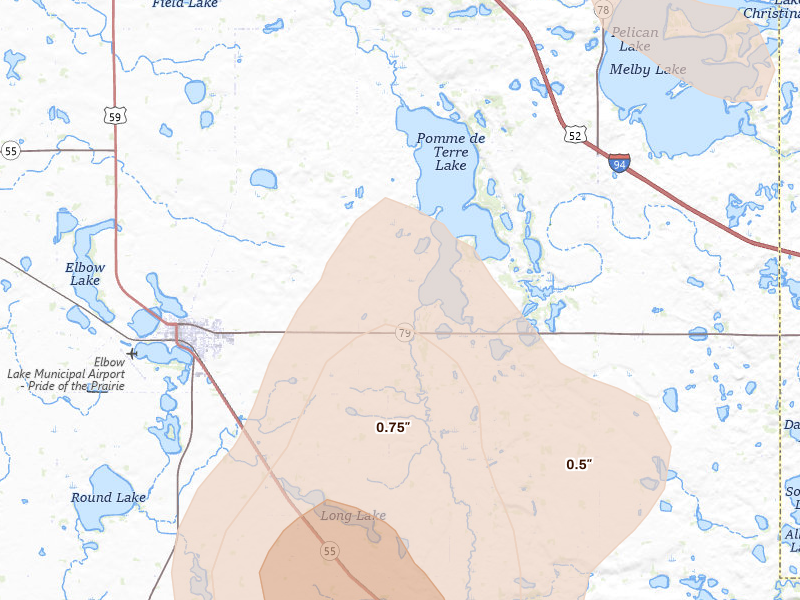 Radar-estimated hail-size map of the storm over Elbow Lake, MN on Jun 9, 2026