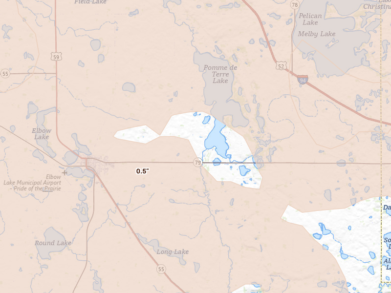 Radar-estimated hail-size map of the storm over Elbow Lake, MN on Jul 6, 2026