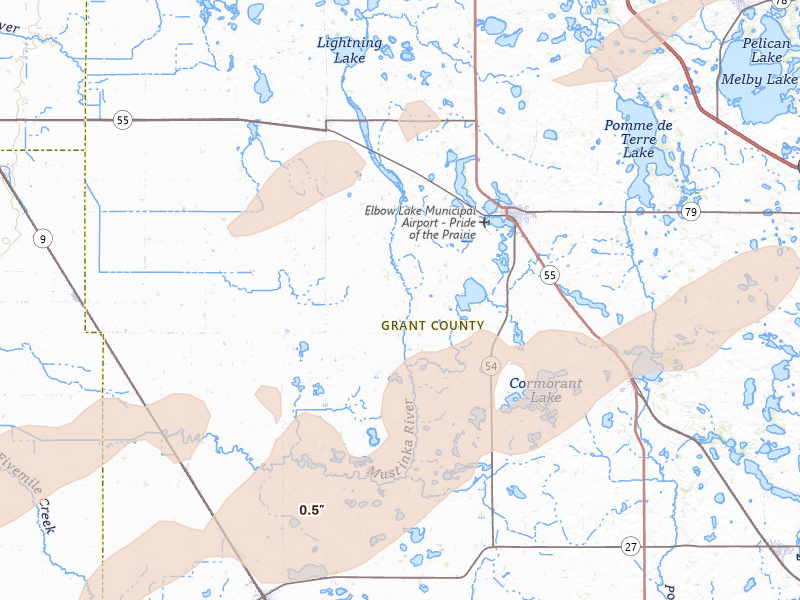 Radar-estimated hail-size map of the storm over Elbow Lake, MN on Aug 3, 2026
