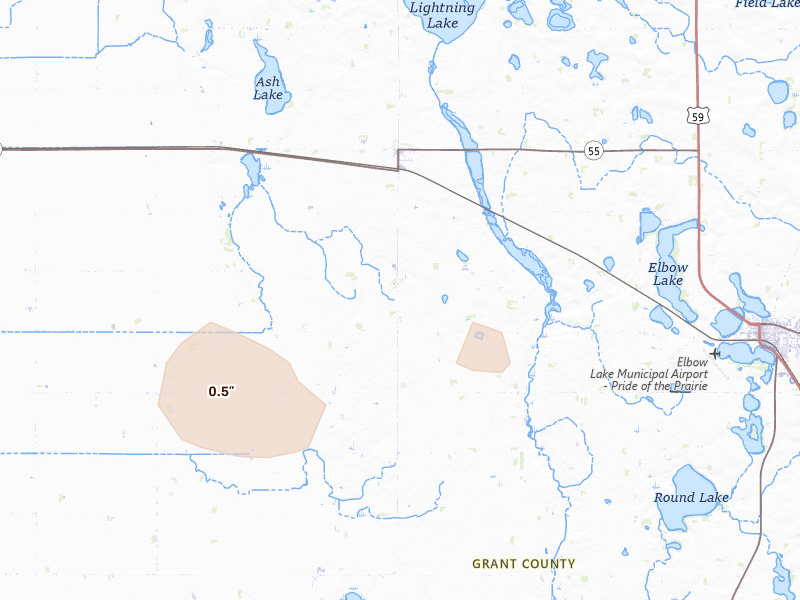 Radar-estimated hail-size map of the storm over Elbow Lake, MN on Aug 7, 2026