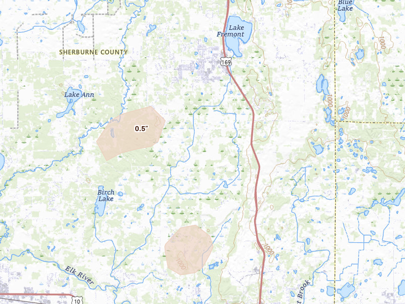Radar-estimated hail-size map of the storm over Elk River, MN on Jul 19, 2026