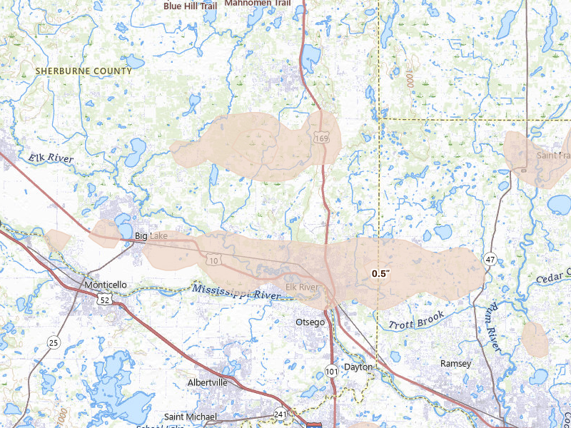 Radar-estimated hail-size map of the storm over Elk River, MN on Aug 8, 2026