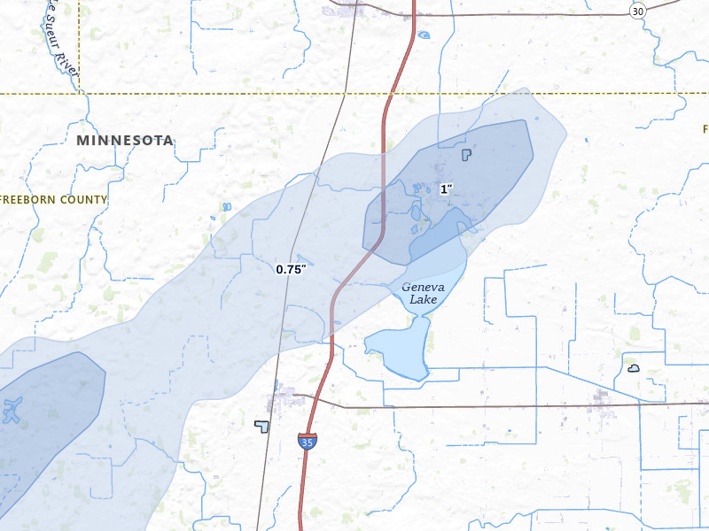 NEXRAD radar-signature map of the hail storm over Ellendale, MN on Jun 29, 2026