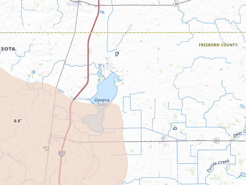 Radar-estimated hail-size map of the storm over Ellendale, MN on Jun 30, 2026