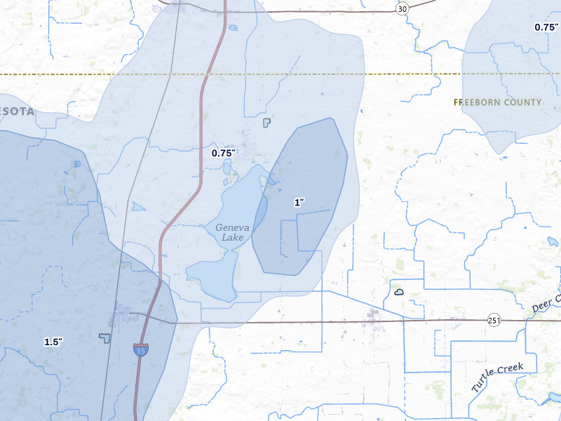 NEXRAD radar-signature map of the hail storm over Ellendale, MN on Jun 30, 2026