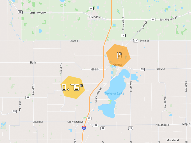Hail map of Ellendale, MN on Jun 30, 2026, hail up to 1"