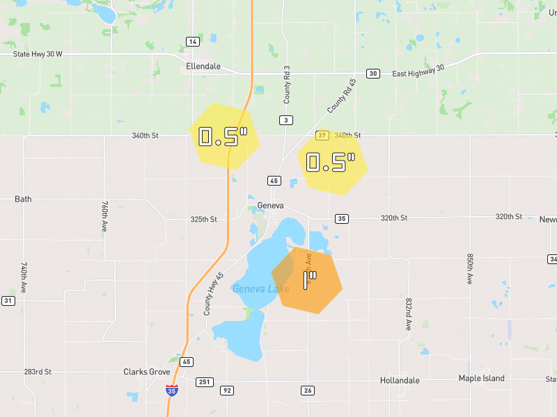 Hail map of Ellendale, MN on Jul 1, 2026, hail up to 1"