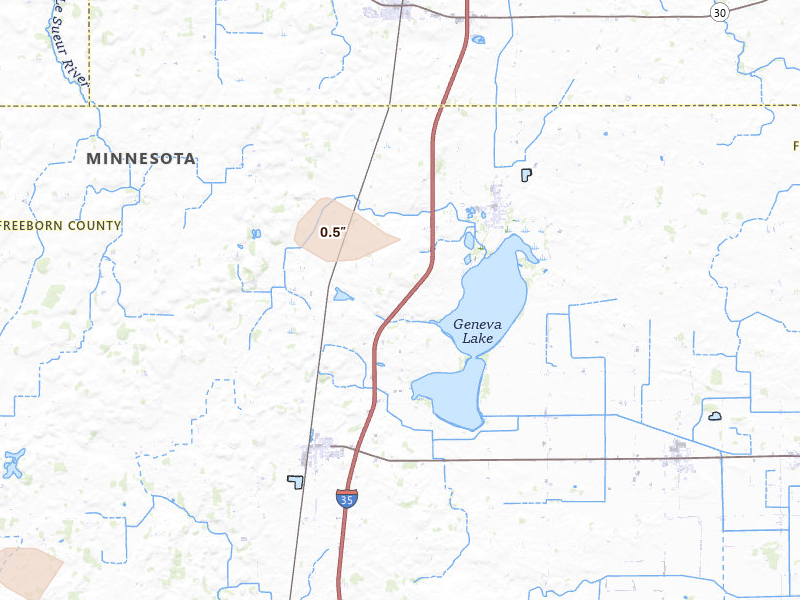 Radar-estimated hail-size map of the storm over Ellendale, MN on Jul 8, 2026