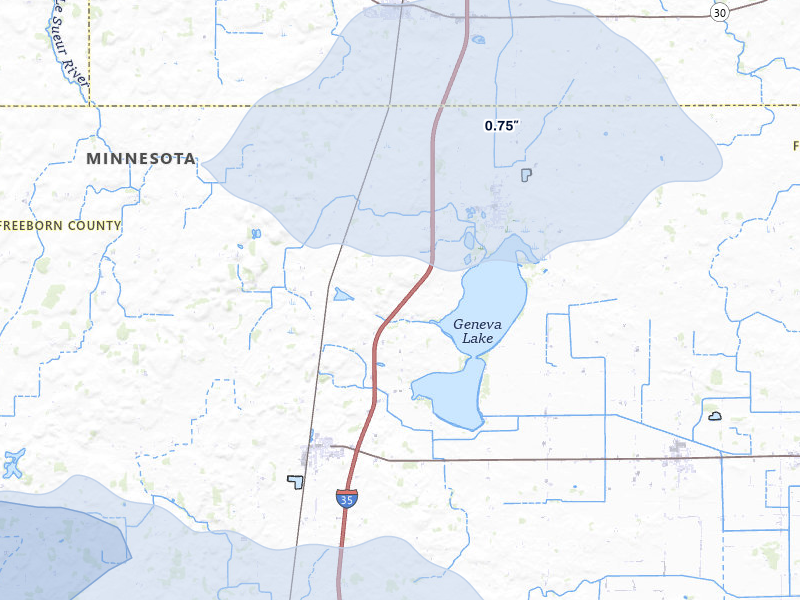 NEXRAD radar-signature map of the hail storm over Ellendale, MN on Jul 8, 2026