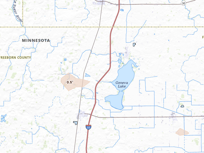 Radar-estimated hail-size map of the storm over Ellendale, MN on Jul 19, 2026
