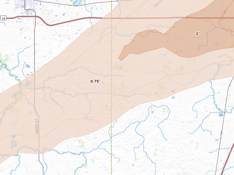 Radar-estimated hail-size map of the storm over Ellendale, MN on Sep 1, 2026
