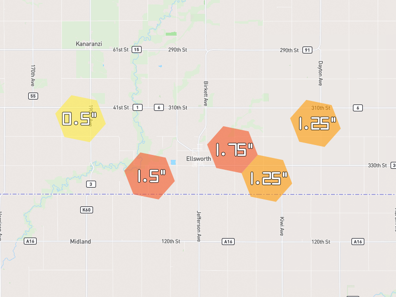 Hail map of Ellsworth, MN on Jul 5, 2026, hail up to 1.75"