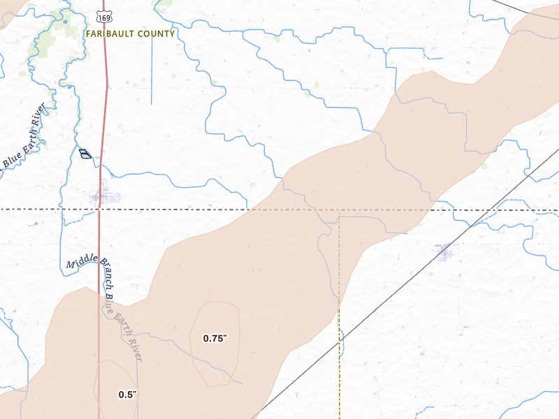 Radar-estimated hail-size map of the storm over Elmore, MN on Apr 11, 2026