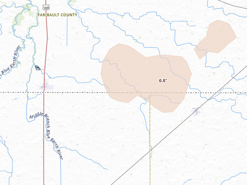 Radar-estimated hail-size map of the storm over Elmore, MN on Apr 23, 2026