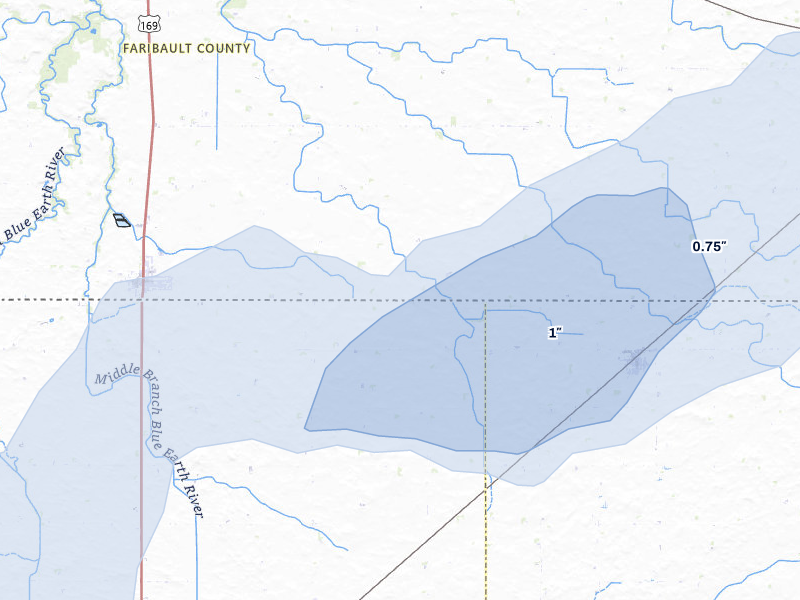 NEXRAD radar-signature map of the hail over Elmore, MN