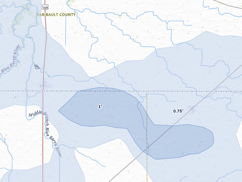 NEXRAD radar-signature map of the hail storm over Elmore, MN on May 15, 2026