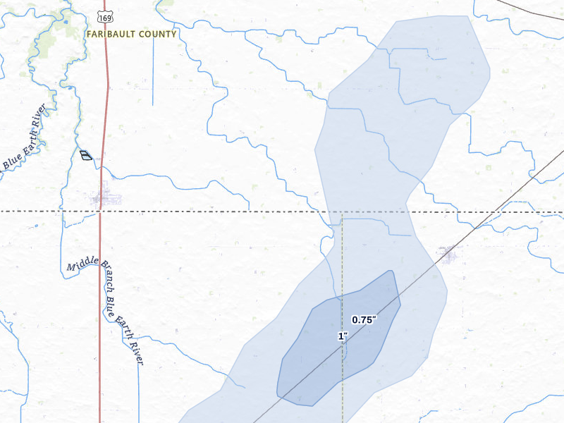 NEXRAD radar-signature map of the hail storm over Elmore, MN on May 17, 2026