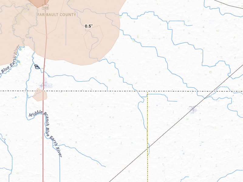 Radar-estimated hail-size map of the storm over Elmore, MN on Jun 29, 2026