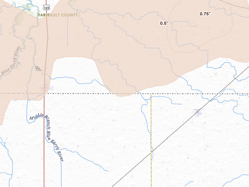 Radar-estimated hail-size map of the storm over Elmore, MN on Jun 30, 2026