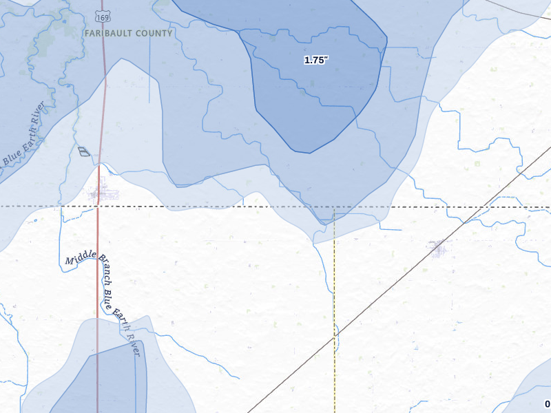 NEXRAD radar-signature map of the hail storm over Elmore, MN on Jun 30, 2026