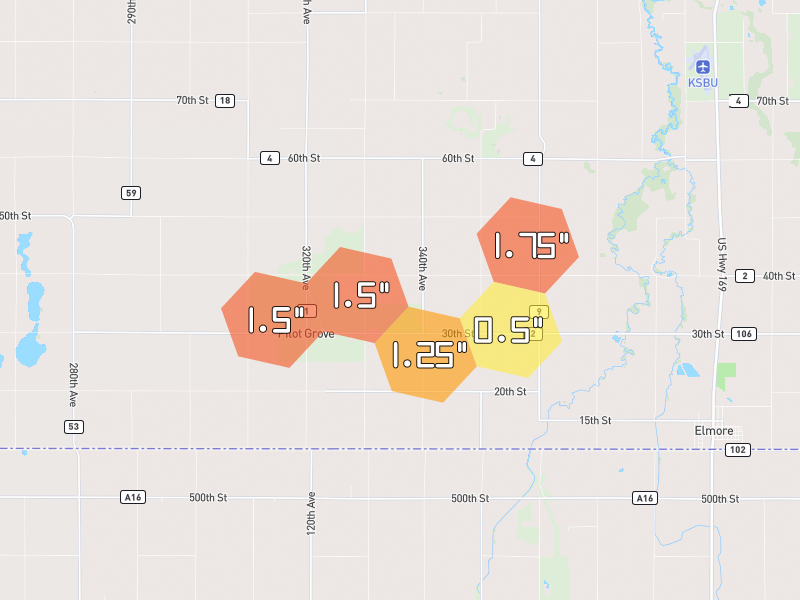 Hail map of Elmore, MN on Jun 30, 2026, hail up to 1.75"
