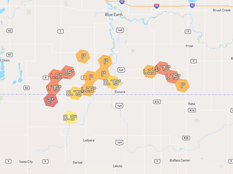 Hail map of Elmore, MN on Jul 1, 2026, hail up to 2"