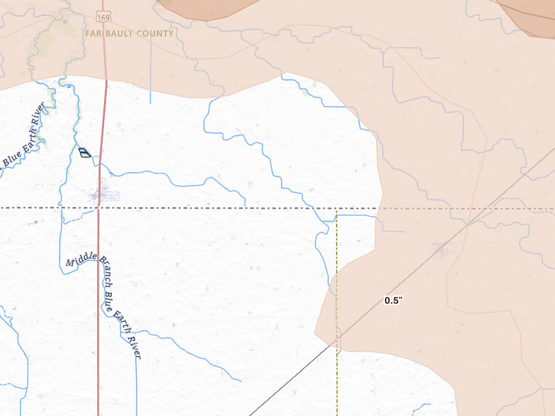 Radar-estimated hail-size map of the storm over Elmore, MN on Aug 7, 2026