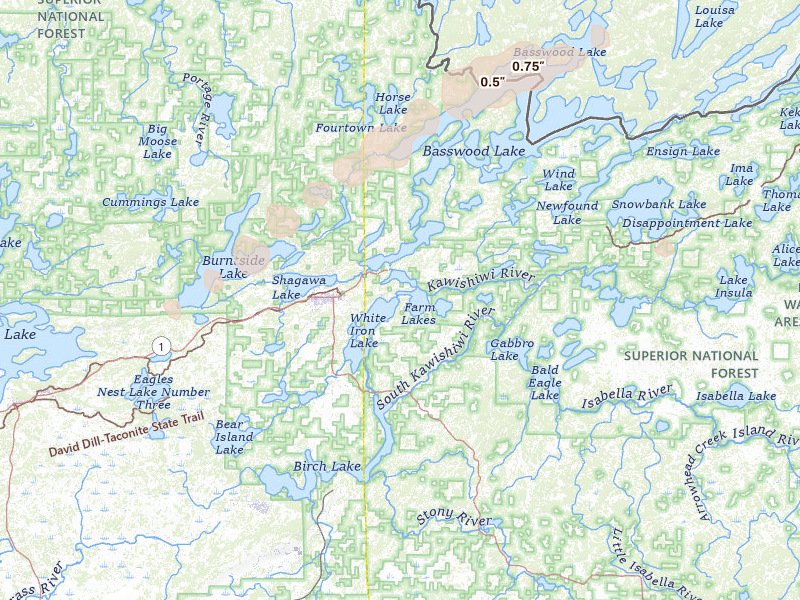Radar-estimated hail-size map of the storm over Ely, MN on Apr 22, 2026