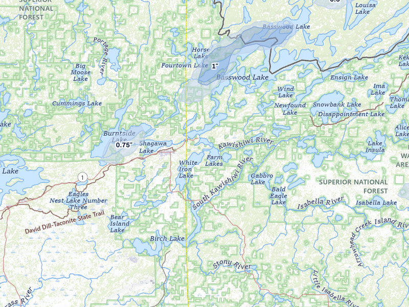 NEXRAD radar-signature map of the hail storm over Ely, MN on Apr 22, 2026