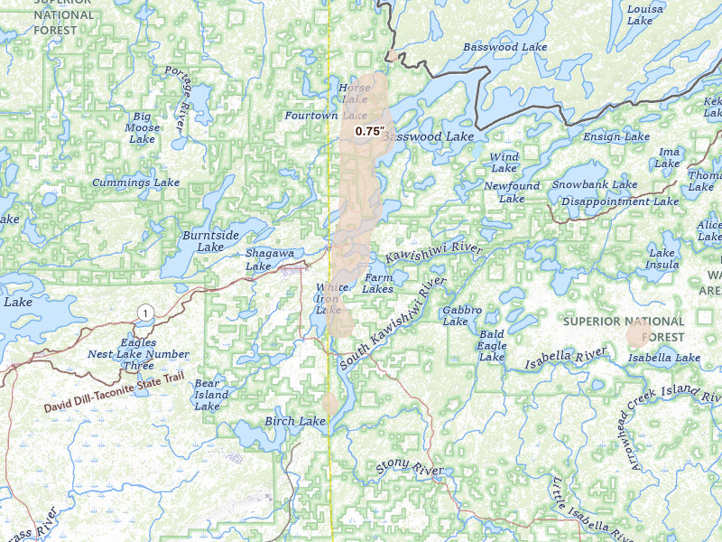 Radar-estimated hail-size map of the storm over Ely, MN on Jun 9, 2026