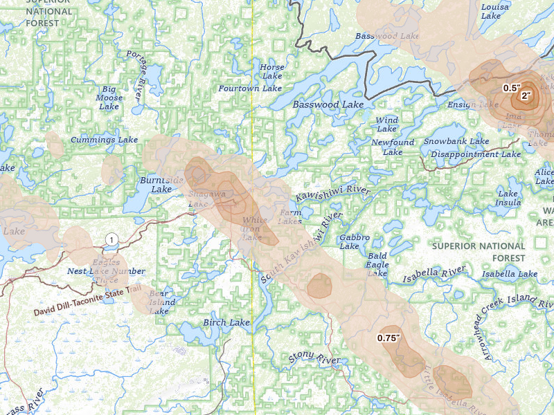 Radar-estimated hail-size map of the storm over Ely, MN on Jul 26, 2026