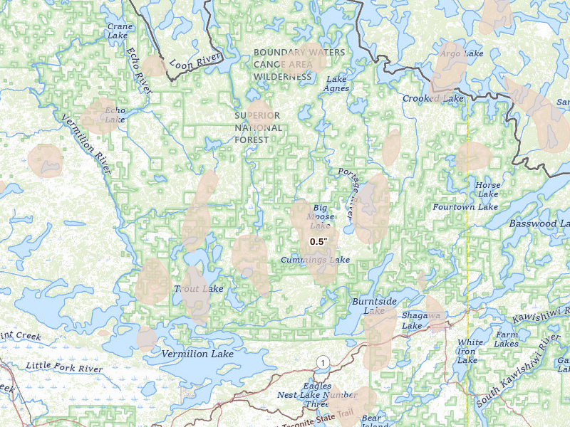 Radar-estimated hail-size map of the storm over Ely, MN on Aug 3, 2026