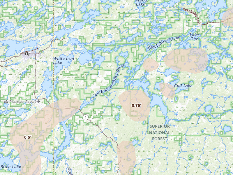 Radar-estimated hail-size map of the storm over Ely, MN on Aug 7, 2026